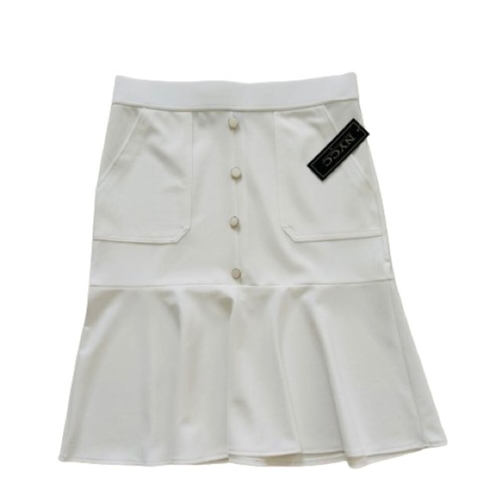 NYCC Skirt Ivory Pockets Enamel Buttons Flounce Hem Trumpet Skirt Medium NEW